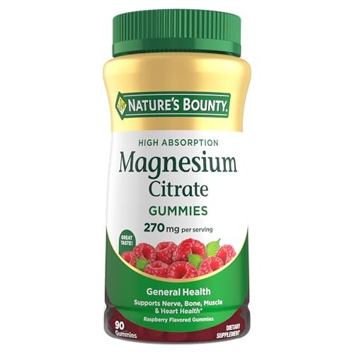 Nature's Bounty Magnesiumcitrat Gummis für Erwachsene – 270 mg pro Portion, vegan, ohne Gentechnik, Himbeer-Geschmack, 90 Stück – Unterstützt Knochen-, Nerven-, Muskel- und Herzgesundheit