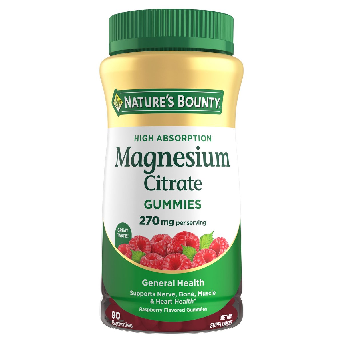 Nature's Bounty Magnesiumcitrat Gummis für Erwachsene – 270 mg pro Portion, vegan, ohne Gentechnik, Himbeer-Geschmack, 90 Stück – Unterstützt Knochen-, Nerven-, Muskel- und Herzgesundheit