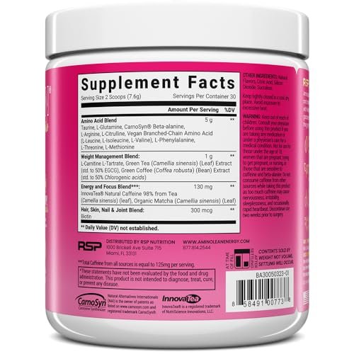 RSP NUTRITION AminoLean Pre Workout – Saubere Energie ohne Zittern, Kribbeln oder Crash – Vegan & mit Biotin für Haare, Haut, Nägel – Berry Elixir, 30 Portionen