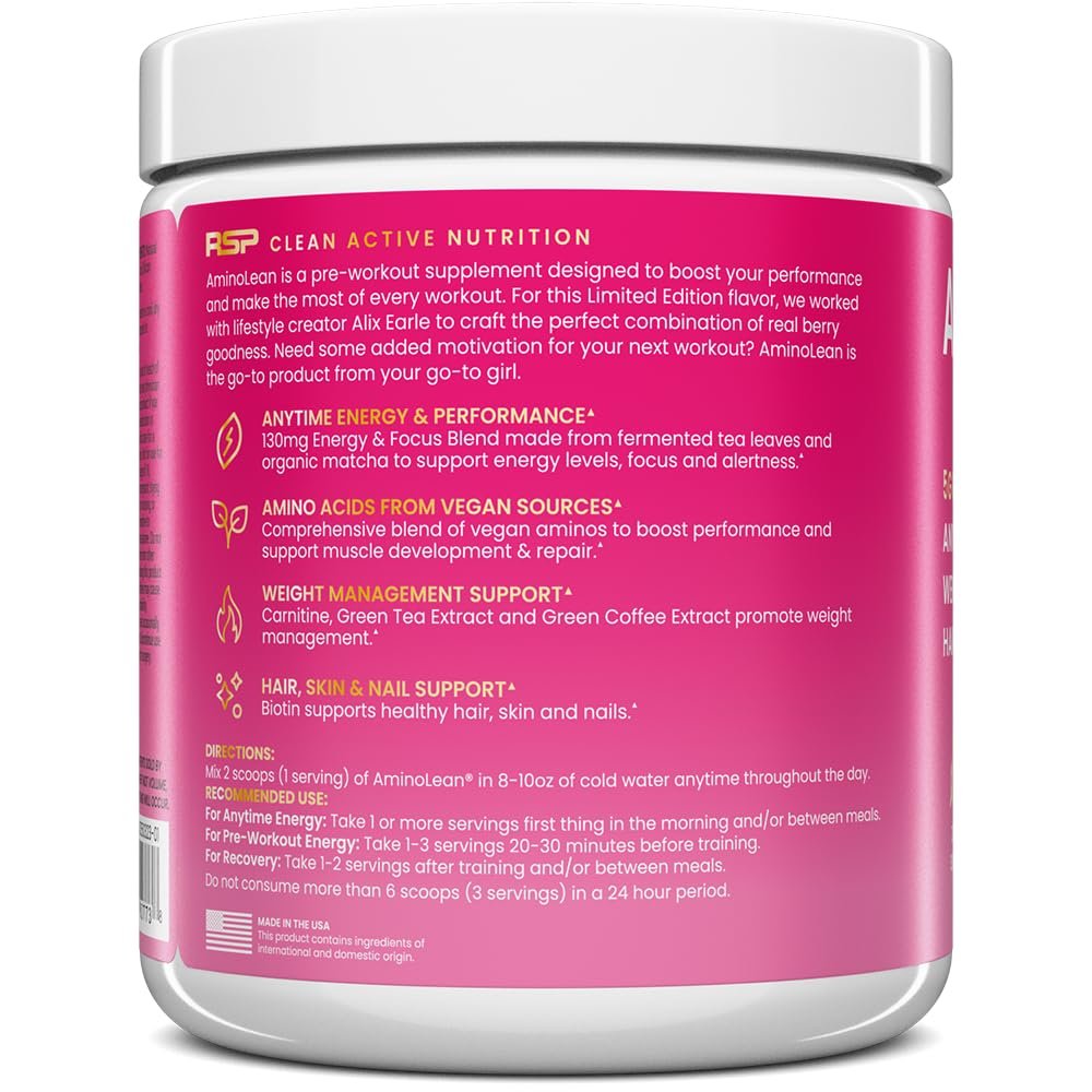 RSP NUTRITION AminoLean Pre Workout – Saubere Energie ohne Zittern, Kribbeln oder Crash – Vegan & mit Biotin für Haare, Haut, Nägel – Berry Elixir, 30 Portionen