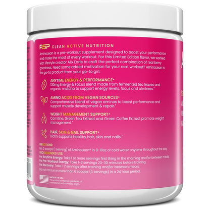 RSP NUTRITION AminoLean Pre Workout – Saubere Energie ohne Zittern, Kribbeln oder Crash – Vegan & mit Biotin für Haare, Haut, Nägel – Berry Elixir, 30 Portionen