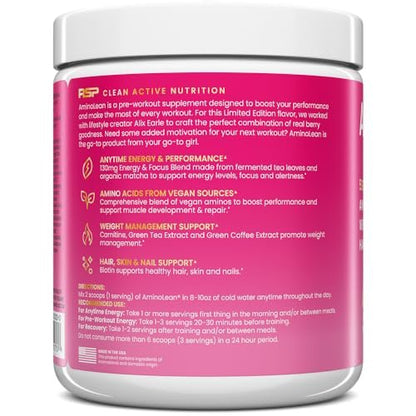 RSP NUTRITION AminoLean Pre Workout – Saubere Energie ohne Zittern, Kribbeln oder Crash – Vegan & mit Biotin für Haare, Haut, Nägel – Berry Elixir, 30 Portionen