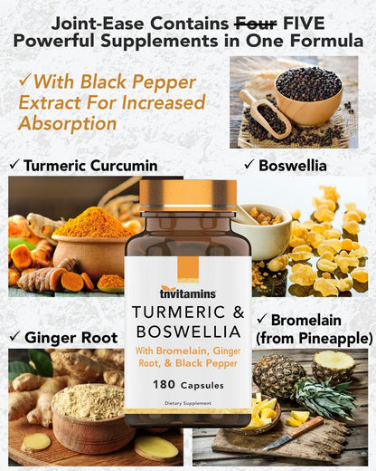 tnvitamins Curcuma & Boswellia Komplex (180 Kapseln) mit Ingwerwurzel, Bromelain & Schwarzem Pfeffer Extrakt | Gelenk-Formel: Leistungsstarke Gelenkunterstützung* | Hergestellt in den USA