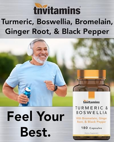 tnvitamins Curcuma & Boswellia Komplex (180 Kapseln) mit Ingwerwurzel, Bromelain & Schwarzem Pfeffer Extrakt | Gelenk-Formel: Leistungsstarke Gelenkunterstützung* | Hergestellt in den USA