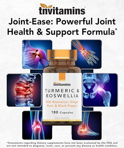 tnvitamins Curcuma & Boswellia Komplex (180 Kapseln) mit Ingwerwurzel, Bromelain & Schwarzem Pfeffer Extrakt | Gelenk-Formel: Leistungsstarke Gelenkunterstützung* | Hergestellt in den USA