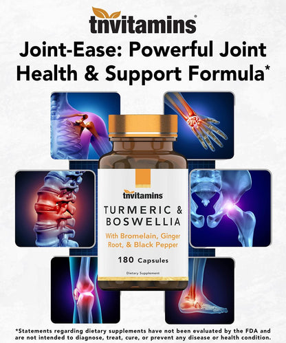 tnvitamins Curcuma & Boswellia Komplex (180 Kapseln) mit Ingwerwurzel, Bromelain & Schwarzem Pfeffer Extrakt | Gelenk-Formel: Leistungsstarke Gelenkunterstützung* | Hergestellt in den USA