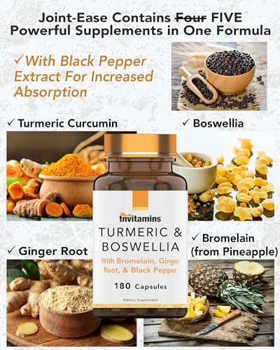 tnvitamins Curcuma & Boswellia Komplex (180 Kapseln) mit Ingwerwurzel, Bromelain & Schwarzem Pfeffer Extrakt | Gelenk-Formel: Leistungsstarke Gelenkunterstützung* | Hergestellt in den USA
