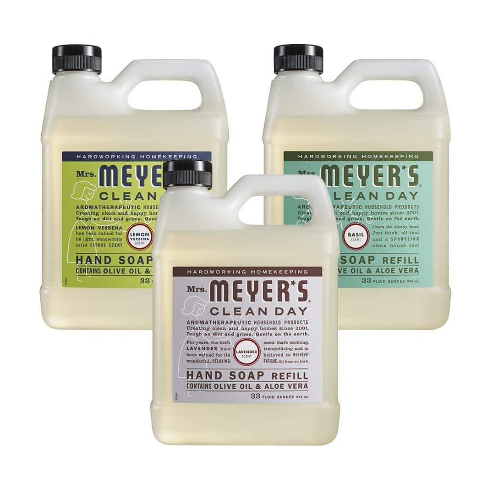 Mrs. MEYER'S CLEAN DAY Flüssigseife Nachfüllpack Sortenvielfalt (Zitronenverbene + Lavendel + Basilikum) – 3 x 946 ml