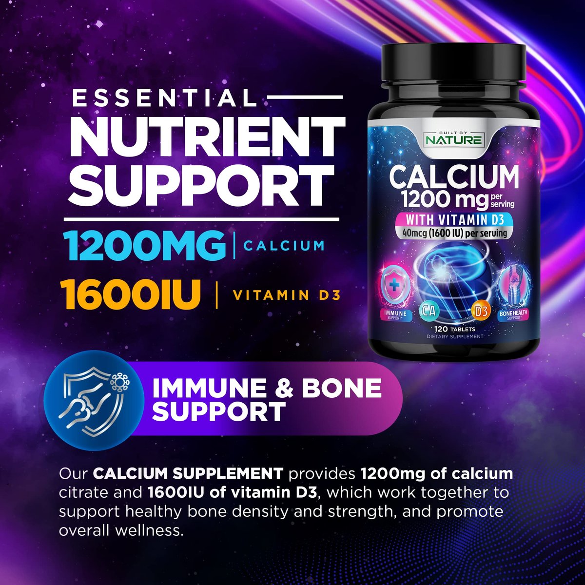 Calcium 1200mg mit Vitamin D3 für beste Aufnahme - Fortschrittliche Knochenunterstützung, 1200 mg Calciumcarbonat & 1600 IE Vitamin D3, langsame Freisetzung für Immununterstützung, leicht zu schlucken, 120 Tabletten