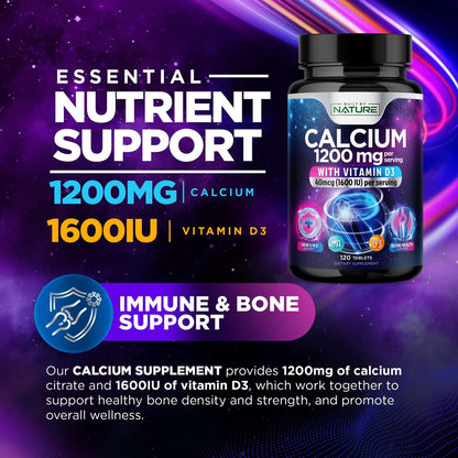 Calcium 1200mg mit Vitamin D3 für beste Aufnahme - Fortschrittliche Knochenunterstützung, 1200 mg Calciumcarbonat & 1600 IE Vitamin D3, langsame Freisetzung für Immununterstützung, leicht zu schlucken, 120 Tabletten