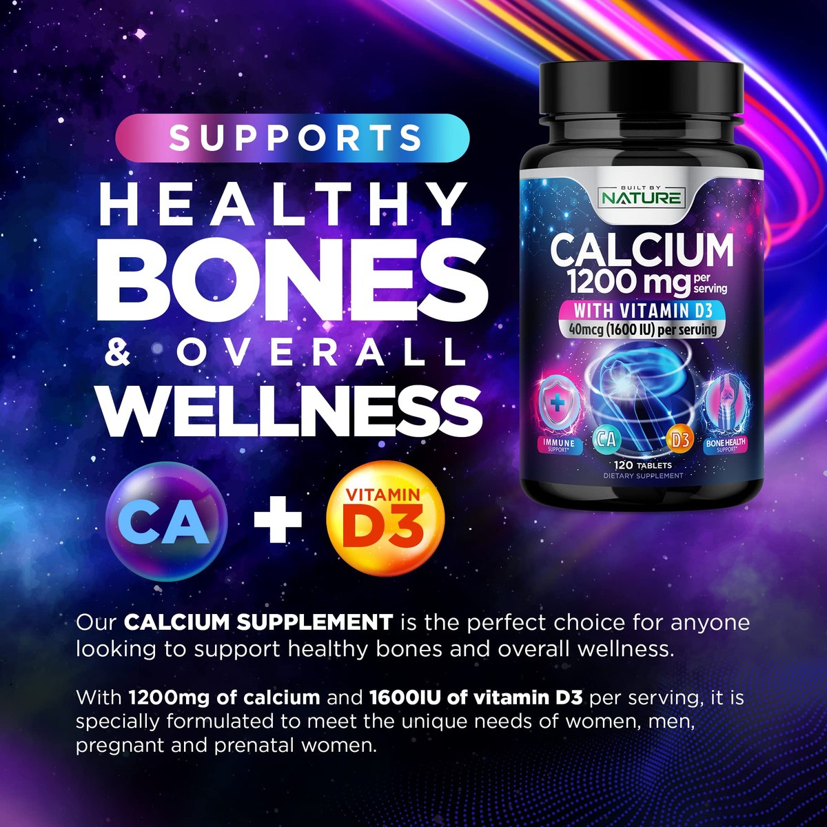 Calcium 1200mg mit Vitamin D3 für beste Aufnahme - Fortschrittliche Knochenunterstützung, 1200 mg Calciumcarbonat & 1600 IE Vitamin D3, langsame Freisetzung für Immununterstützung, leicht zu schlucken, 120 Tabletten
