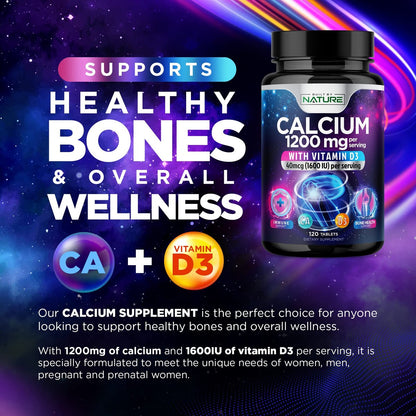 Calcium 1200mg mit Vitamin D3 für beste Aufnahme - Fortschrittliche Knochenunterstützung, 1200 mg Calciumcarbonat & 1600 IE Vitamin D3, langsame Freisetzung für Immununterstützung, leicht zu schlucken, 120 Tabletten