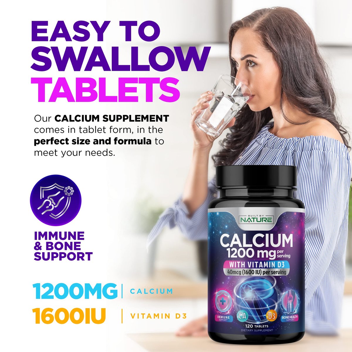 Calcium 1200mg mit Vitamin D3 für beste Aufnahme - Fortschrittliche Knochenunterstützung, 1200 mg Calciumcarbonat & 1600 IE Vitamin D3, langsame Freisetzung für Immununterstützung, leicht zu schlucken, 120 Tabletten