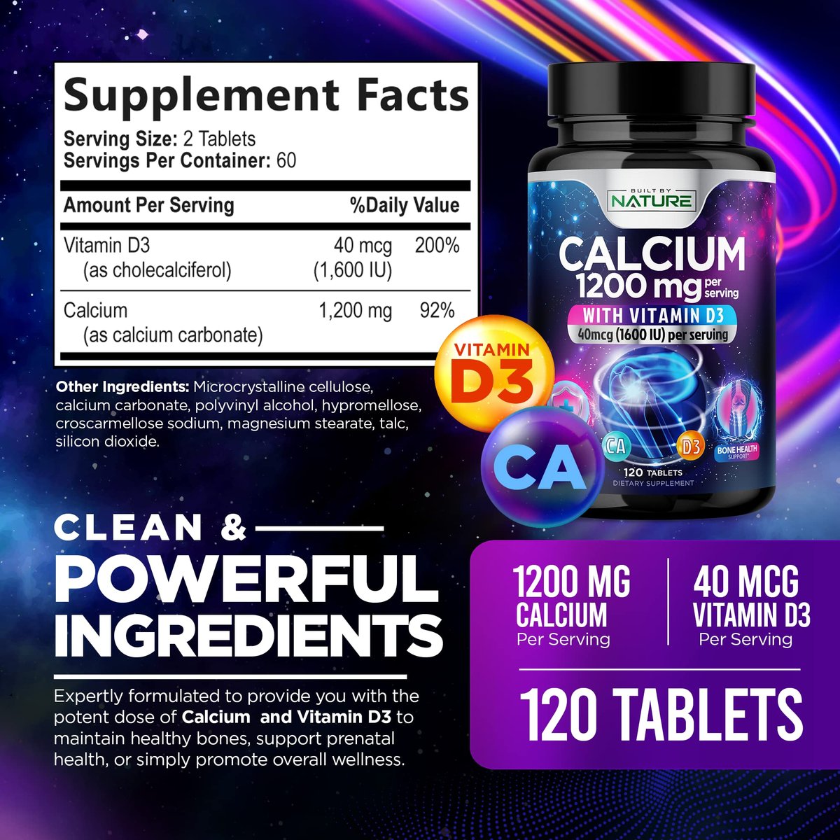 Calcium 1200mg mit Vitamin D3 für beste Aufnahme - Fortschrittliche Knochenunterstützung, 1200 mg Calciumcarbonat & 1600 IE Vitamin D3, langsame Freisetzung für Immununterstützung, leicht zu schlucken, 120 Tabletten