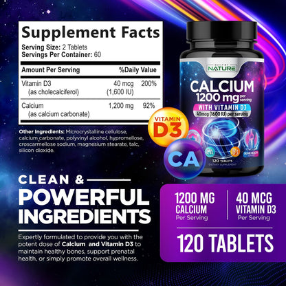 Calcium 1200mg mit Vitamin D3 für beste Aufnahme - Fortschrittliche Knochenunterstützung, 1200 mg Calciumcarbonat & 1600 IE Vitamin D3, langsame Freisetzung für Immununterstützung, leicht zu schlucken, 120 Tabletten