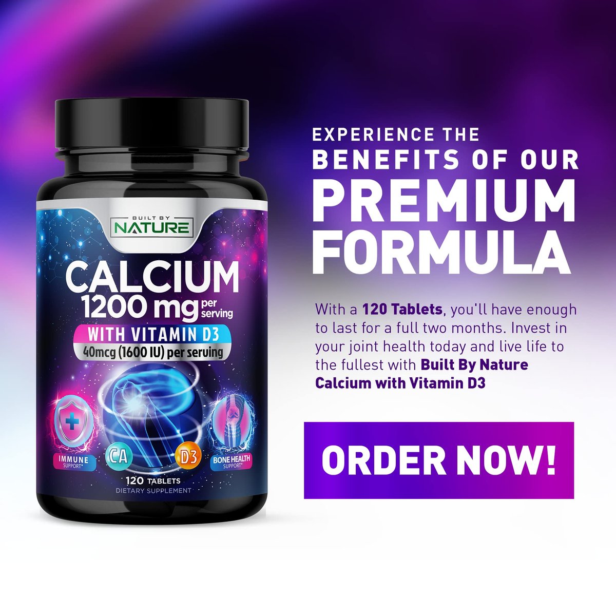 Calcium 1200mg mit Vitamin D3 für beste Aufnahme - Fortschrittliche Knochenunterstützung, 1200 mg Calciumcarbonat & 1600 IE Vitamin D3, langsame Freisetzung für Immununterstützung, leicht zu schlucken, 120 Tabletten