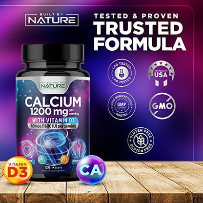 Calcium 1200mg mit Vitamin D3 für beste Aufnahme - Fortschrittliche Knochenunterstützung, 1200 mg Calciumcarbonat & 1600 IE Vitamin D3, langsame Freisetzung für Immununterstützung, leicht zu schlucken, 120 Tabletten