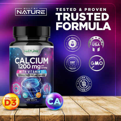 Calcium 1200mg mit Vitamin D3 für beste Aufnahme - Fortschrittliche Knochenunterstützung, 1200 mg Calciumcarbonat & 1600 IE Vitamin D3, langsame Freisetzung für Immununterstützung, leicht zu schlucken, 120 Tabletten