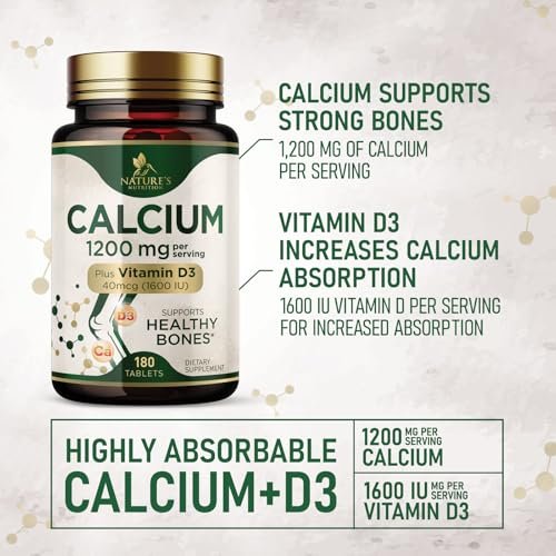 Calcium 1200 mg mit Vitamin D3 - Knochengesundheit & Knochenstärke - Natürliche Calcium Tabletten für Frauen & Männer - 180 Tabletten - Hergestellt in den USA