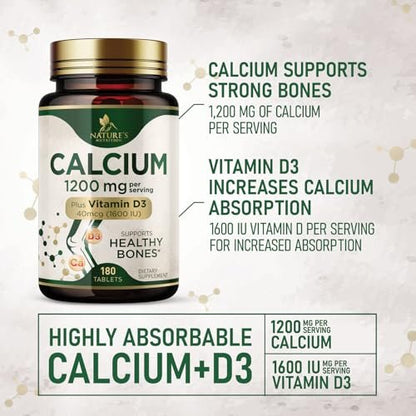 Calcium 1200 mg mit Vitamin D3 - Knochengesundheit & Knochenstärke - Natürliche Calcium Tabletten für Frauen & Männer - 180 Tabletten - Hergestellt in den USA