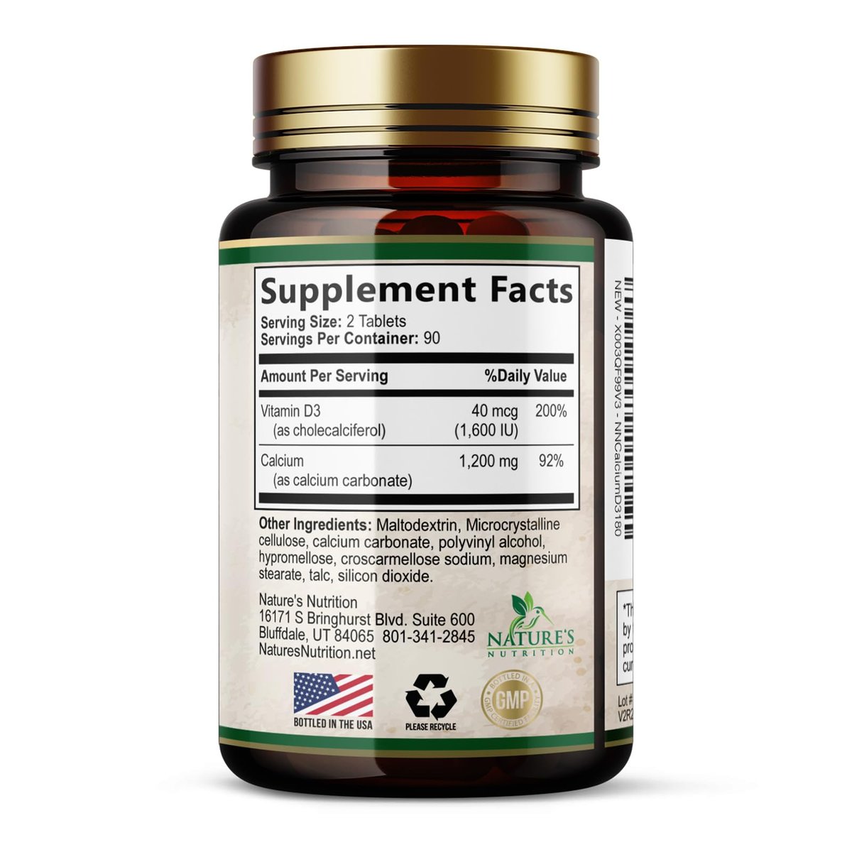 Calcium 1200 mg mit Vitamin D3 - Knochengesundheit & Knochenstärke - Natürliche Calcium Tabletten für Frauen & Männer - 180 Tabletten - Hergestellt in den USA