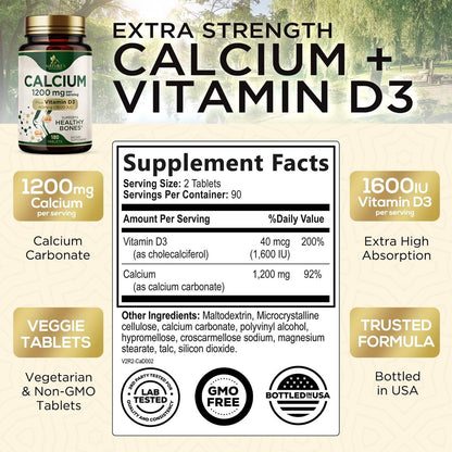 Calcium 1200 mg mit Vitamin D3 - Knochengesundheit & Knochenstärke - Natürliche Calcium Tabletten für Frauen & Männer - 180 Tabletten - Hergestellt in den USA