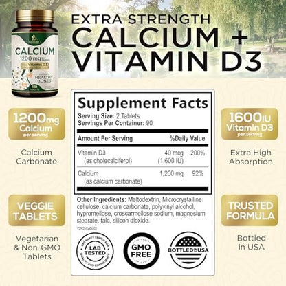 Calcium 1200 mg mit Vitamin D3 - Knochengesundheit & Knochenstärke - Natürliche Calcium Tabletten für Frauen & Männer - 180 Tabletten - Hergestellt in den USA