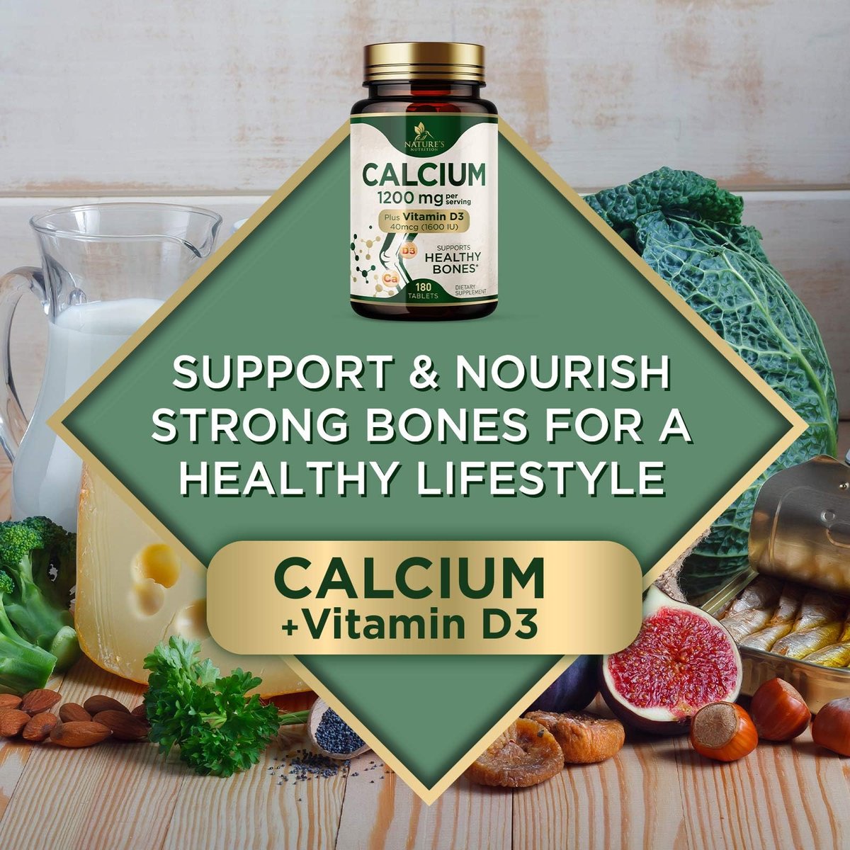 Calcium 1200 mg mit Vitamin D3 - Knochengesundheit & Knochenstärke - Natürliche Calcium Tabletten für Frauen & Männer - 180 Tabletten - Hergestellt in den USA