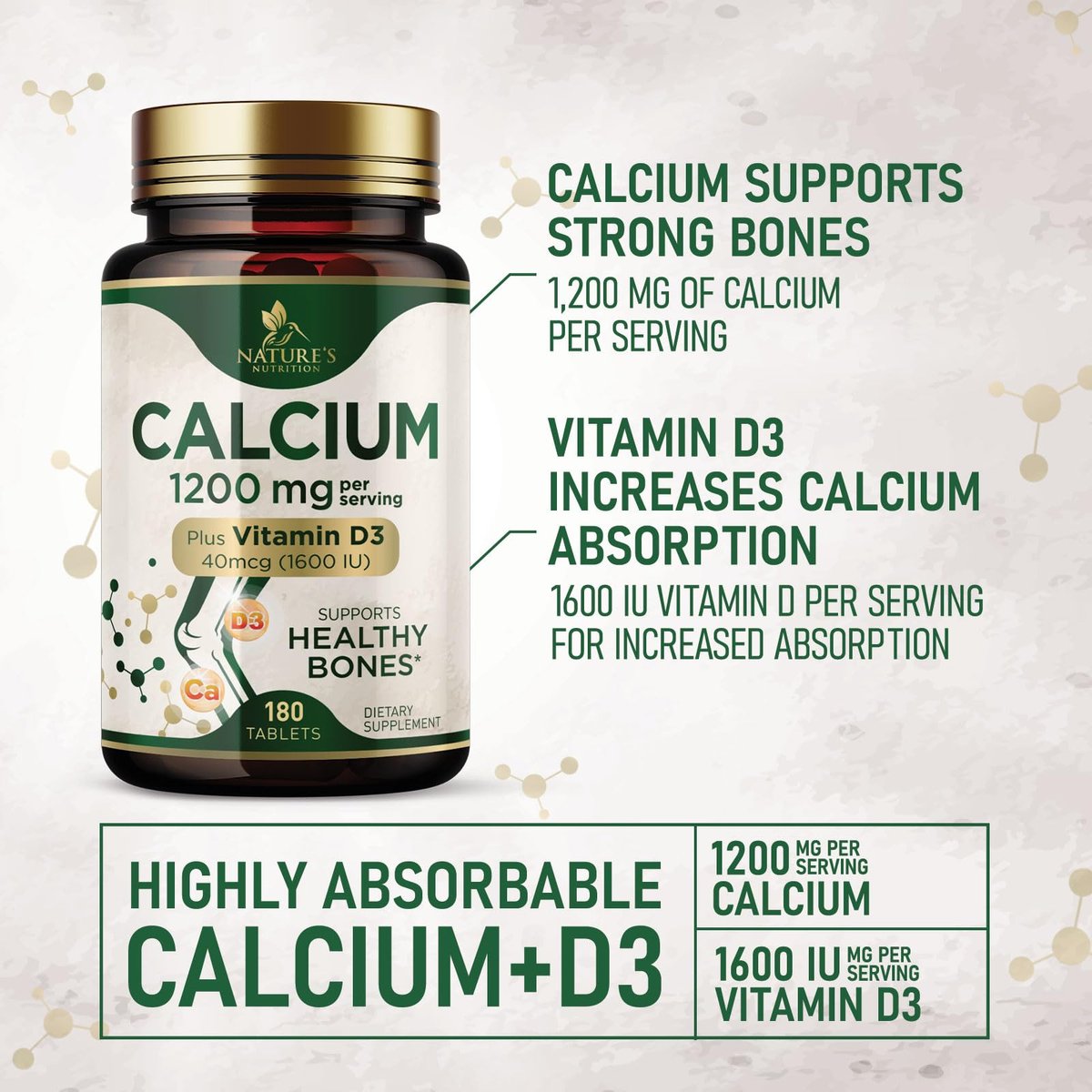 Calcium 1200 mg mit Vitamin D3 - Knochengesundheit & Knochenstärke - Natürliche Calcium Tabletten für Frauen & Männer - 180 Tabletten - Hergestellt in den USA
