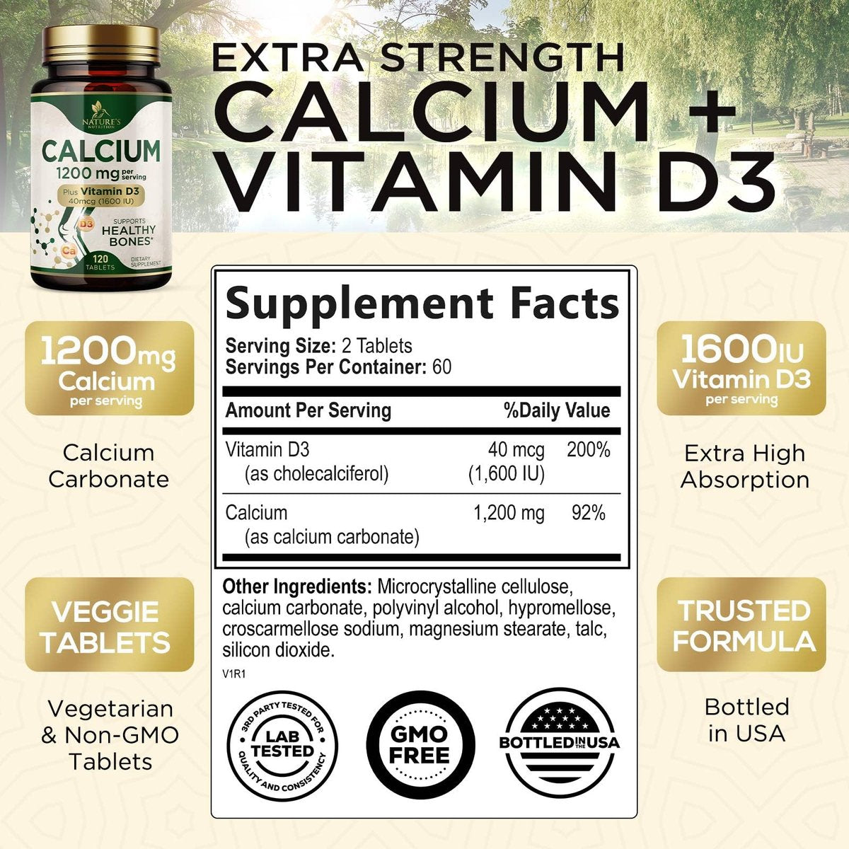 Calcium 1200 mg mit Vitamin D3 – Pro Portion – Knochengesundheit & Knochenstärke – Nahrungsergänzung für Frauen & Männer – Natürliche Calcium Tabletten – Hergestellt in den USA – 120 Tabletten