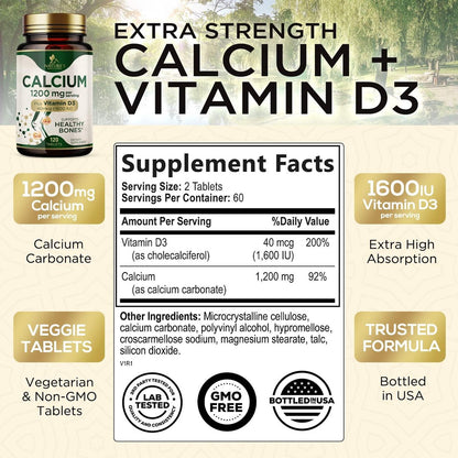 Calcium 1200 mg mit Vitamin D3 – Pro Portion – Knochengesundheit & Knochenstärke – Nahrungsergänzung für Frauen & Männer – Natürliche Calcium Tabletten – Hergestellt in den USA – 120 Tabletten