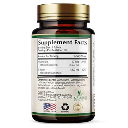 Calcium 1200 mg mit Vitamin D3 - Knochengesundheit & Knochenstärke - Natürliche Calcium Tabletten für Frauen & Männer - 180 Tabletten - Hergestellt in den USA