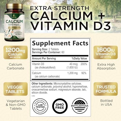 Calcium 1200 mg mit Vitamin D3 – Pro Portion – Knochengesundheit & Knochenstärke – Nahrungsergänzung für Frauen & Männer – Natürliche Calcium Tabletten – Hergestellt in den USA – 120 Tabletten