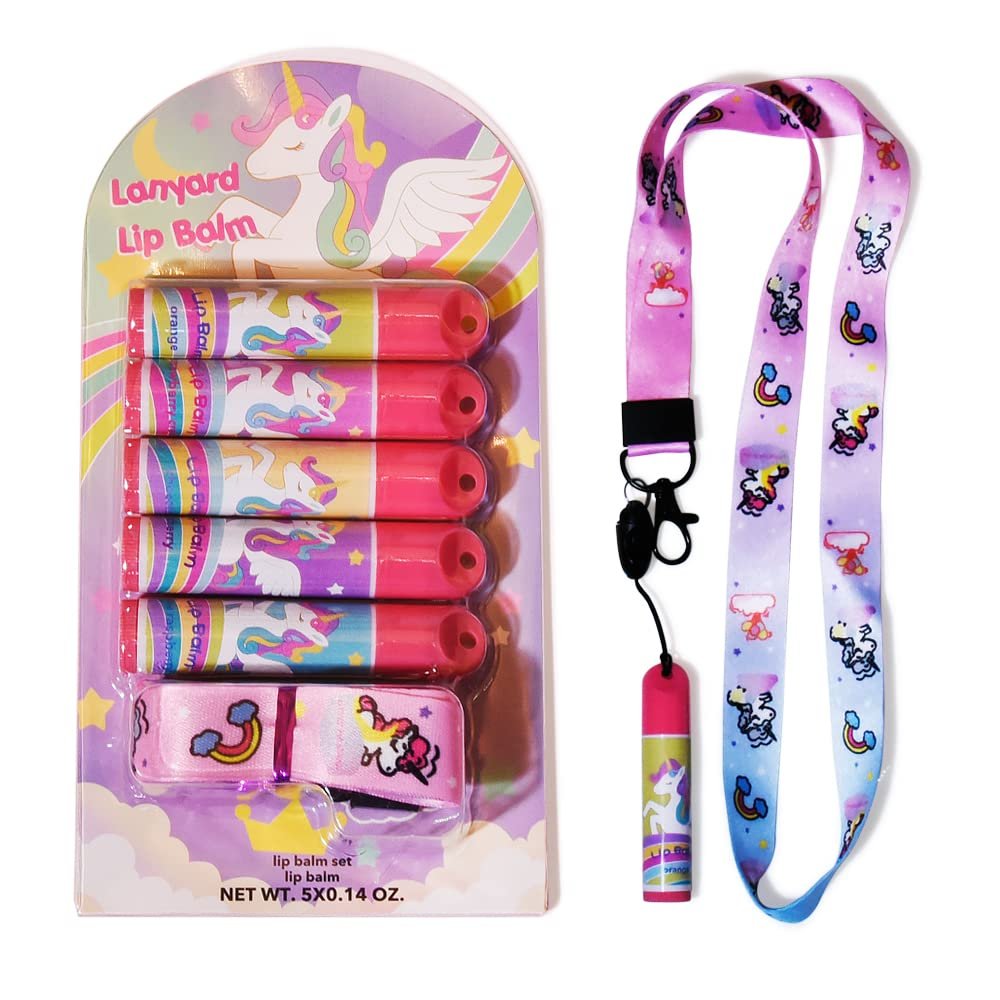 Mebtmel 5-teiliges Fruchtgeschmack-Lippenbalsam-Set mit Lanyard, Einhorn, Lippenpflege zur Befeuchtung trockener Lippen