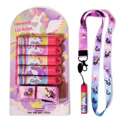 Mebtmel 5-teiliges Fruchtgeschmack-Lippenbalsam-Set mit Lanyard, Einhorn, Lippenpflege zur Befeuchtung trockener Lippen