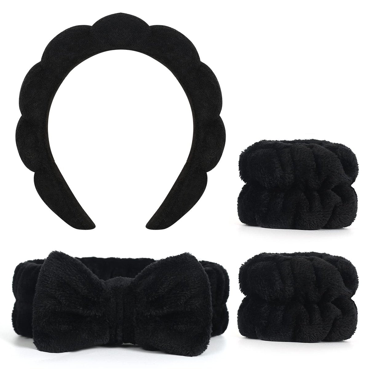 Vefungyan Puffy Spa Stirnband und Handgelenkband Set – 4-teiliges Scrunchies Set für Frauen zum Gesichtwaschen, Make-up Entfernen, Yoga