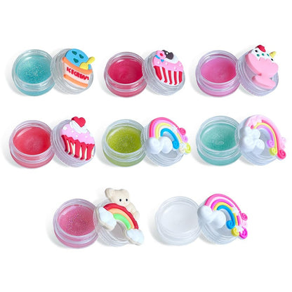 Mebtmel 8-teiliges süßes Lipgloss-Set für Mädchen, Partygeschenke Lippenbalsam-Set für Kinder, bunte Fruchtgeschmacksrichtungen, Cupcake- und Regenbogen-Designs, Geburtstagsgeschenk