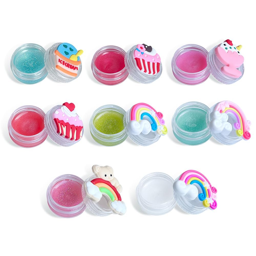 Mebtmel 8-teiliges süßes Lipgloss-Set für Mädchen, Partygeschenke Lippenbalsam-Set für Kinder, bunte Fruchtgeschmacksrichtungen, Cupcake- und Regenbogen-Designs, Geburtstagsgeschenk