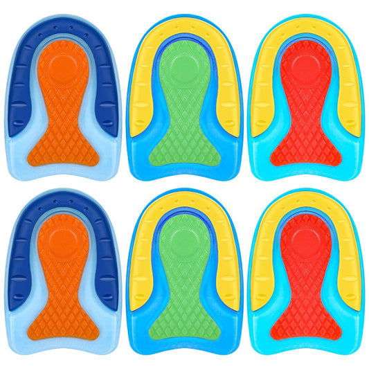 Janmercy 6er-Pack Fersenpolster für Kinder – Gel-Einlagen gegen Fersenschmerzen, Plantarfasziitis & Knöchelschmerzen – Stoßdämpfend, leicht, in 3 Farben (Kindergröße 3–7)