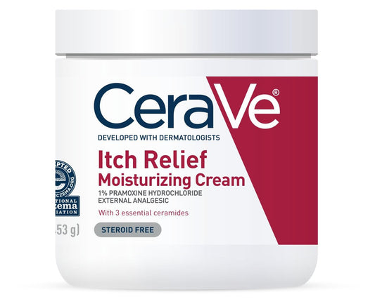 CeraVe Feuchtigkeitscreme mit Juckreizlinderung, Anti-Juckreiz Creme mit Pramoxin-Hydrochlorid, Lindert juckende Haut bei leichten Hautreizungen, Sonnenbrandlinderung, Insektenstiche, Duftstofffrei, 16 Unzen