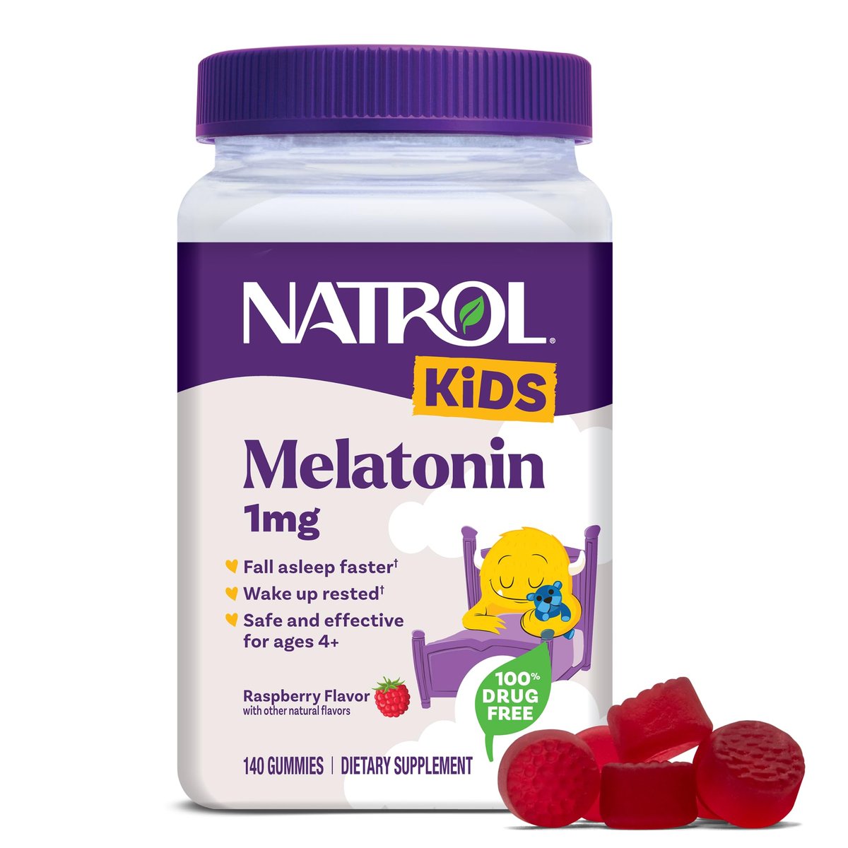 Natrol Kinder Melatonin Gummis 1mg – Einschlafhilfe für Kinder, Himbeergeschmack, 140 Gummis, 140-Tage-Vorrat