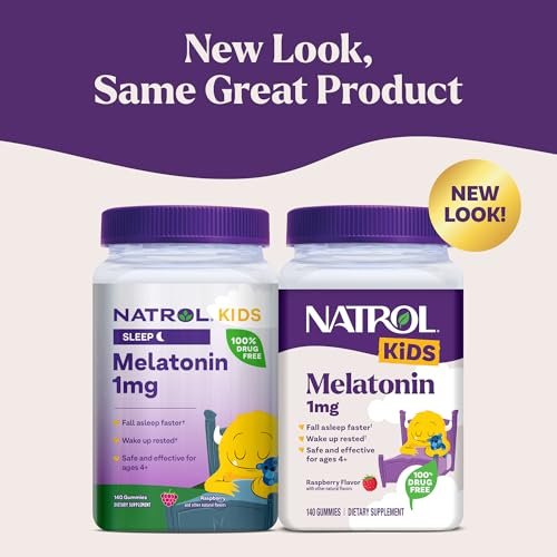 Natrol Kinder Melatonin Gummis 1mg – Einschlafhilfe für Kinder, Himbeergeschmack, 140 Gummis, 140-Tage-Vorrat