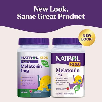 Natrol Kinder Melatonin Gummis 1mg – Einschlafhilfe für Kinder, Himbeergeschmack, 140 Gummis, 140-Tage-Vorrat