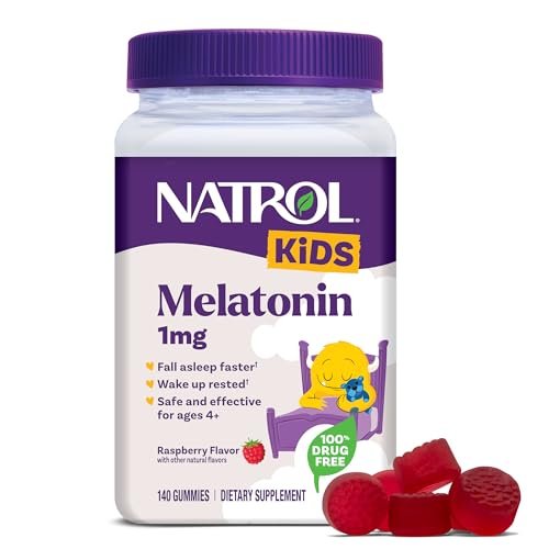 Natrol Kinder Melatonin Gummis 1mg – Einschlafhilfe für Kinder, Himbeergeschmack, 140 Gummis, 140-Tage-Vorrat