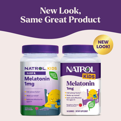 Natrol Kinder Melatonin Gummis 1mg – Einschlafhilfe für Kinder, Himbeergeschmack, 140 Gummis, 140-Tage-Vorrat