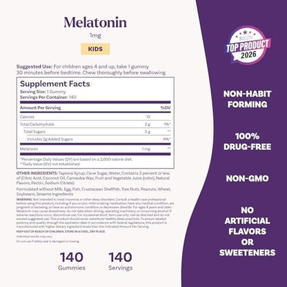 Natrol Kinder Melatonin Gummis 1mg – Einschlafhilfe für Kinder, Himbeergeschmack, 140 Gummis, 140-Tage-Vorrat