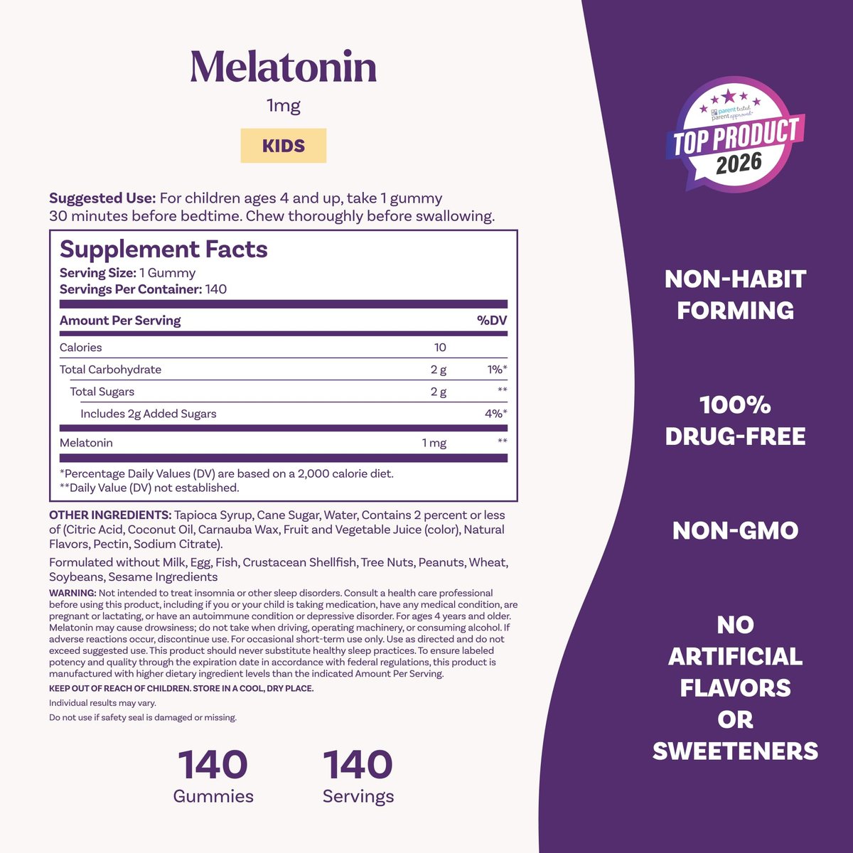 Natrol Kinder Melatonin Gummis 1mg – Einschlafhilfe für Kinder, Himbeergeschmack, 140 Gummis, 140-Tage-Vorrat