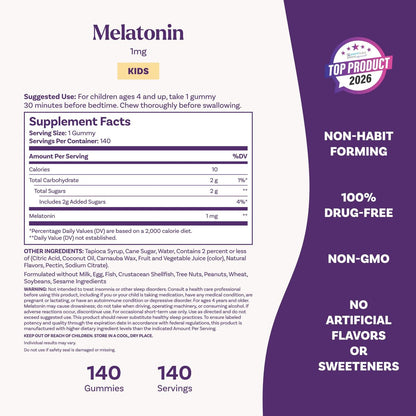 Natrol Kinder Melatonin Gummis 1mg – Einschlafhilfe für Kinder, Himbeergeschmack, 140 Gummis, 140-Tage-Vorrat