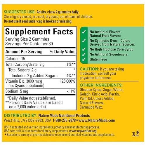 Nature Made Extra Stark Vitamin B12 Gummis 3000 mcg pro Portion – B12 Vitamine zur Unterstützung des Energiestoffwechsels, 60 Gummis, 30-Tage-Vorrat