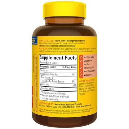 Nature Made Kaubare L-Theanin 200 mg – Nahrungsergänzungsmittel zur Stressbewältigung, 50 Kautabletten, 50-Tage-Vorrat